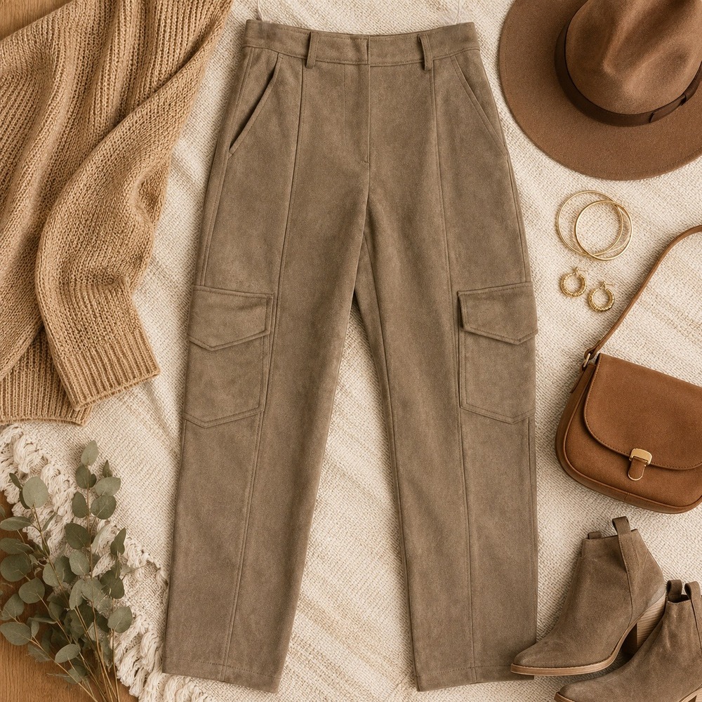 Hunter & Brown Faux Suede Cargo Pants Taupe Brown High Rise Small HBP187 NWT